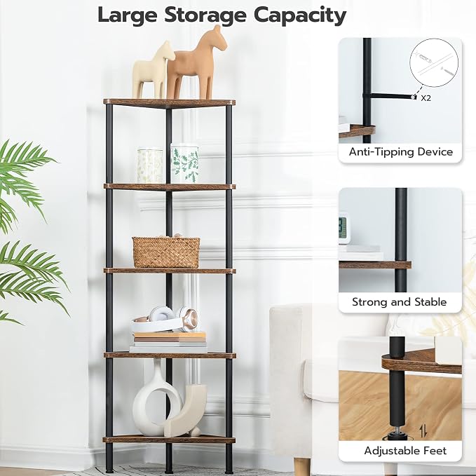 HOOBRO Corner Shelf Stand, Industrial 5-Tier Corner Bookshelf - Image 5