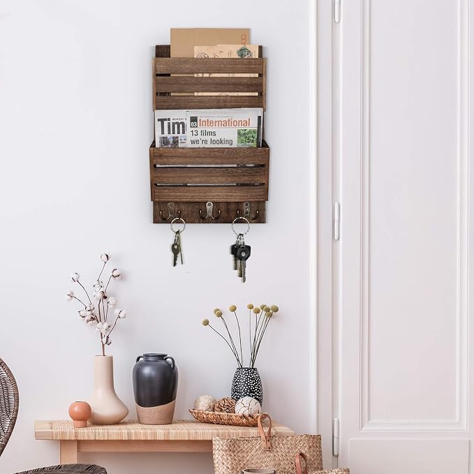 Unistyle Mail Organizer with 4 Hooks, Rustic Brown Wall Mount, Cedar Wood Key - Image 4