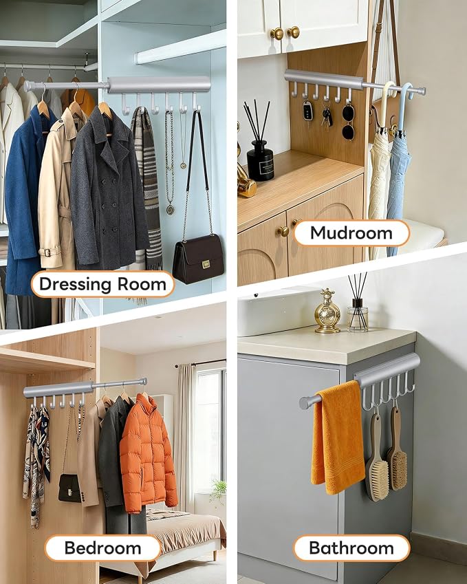 Pull Out Valet Rod, 12 Inches, 6 Hooks | Hidden Screw Design - Image 6