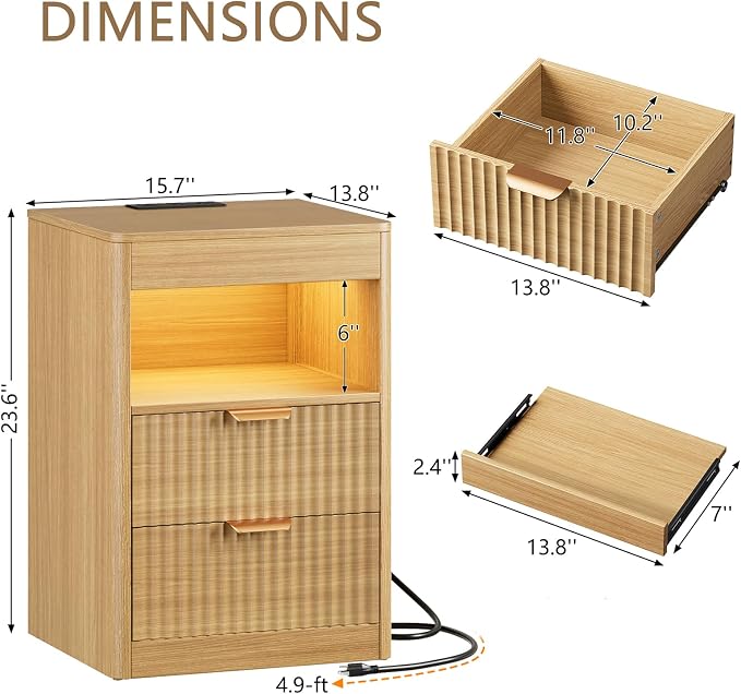 REAHOME Fluted Nightstand with Charging Station, Modern LED Night Stand with 2 - Image 2