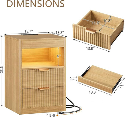 REAHOME Fluted Nightstand with Charging Station, Modern LED Night Stand with 2 - Image 2