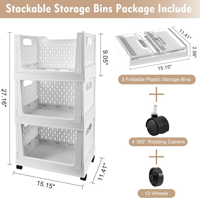 Stackable Plastic Storage Basket, 3 Pack Foldable Closet Organizers and Storage - Image 6