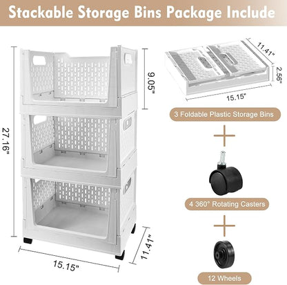 Stackable Plastic Storage Basket, 3 Pack Foldable Closet Organizers and Storage - Image 6