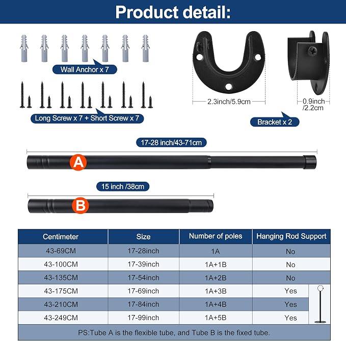 Adjustable Closet Rod for Hanging Clothes, 17-99inch Heavy Duty Metal tension - Image 4