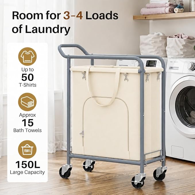 Laundry Basket with Wheels, Rolling Laundry Hamper with 38.4" Tall Handle - Image 2