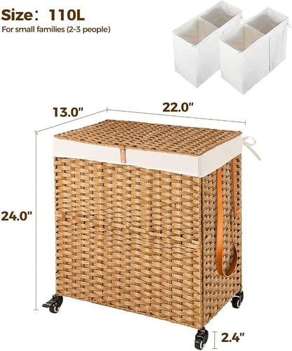 Greenstell Laundry Hamper with Wheels, No Install Needed, 110L Divided - Image 5
