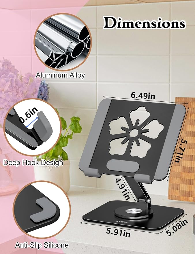 Tablet Stand for iPad, 360° Rotating Aluminum Foldable Holder – Adjustable Desk - Image 4