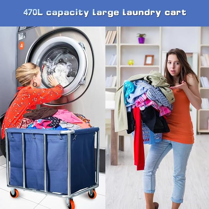 Commercial Laundry Cart with Wheels, 470L Large Capacity Heavy Duty Stainless - Image 4