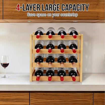 Bamboo Wine Rack, 4-Tier 16 Bottles Wine Storage Cabinet Shelf, Easy-Assembly - Image 5