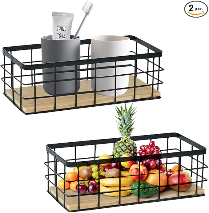 2 Pack Small Wire Baskets Farmhouse Rectangle Organizer Tray | Metal Wire by Unknown