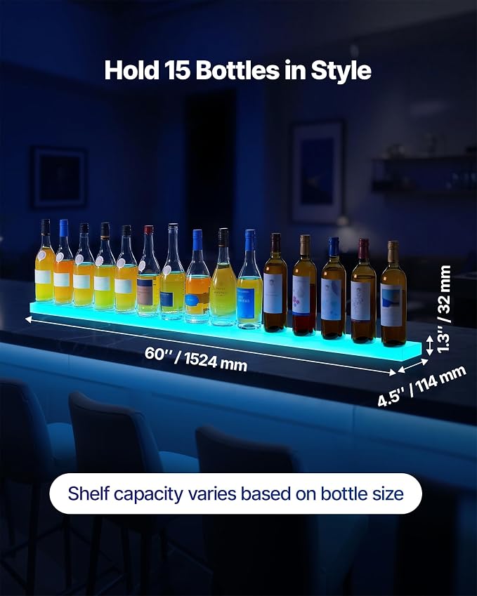 VEVOR LED Lighted Liquor Bottle Display, 1 Tier 60 Inches Whiskey Rack - Image 2
