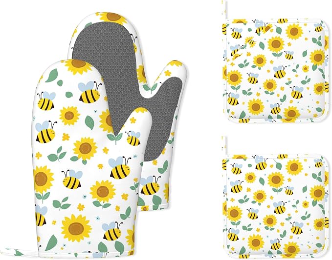 Cute Bee Sunflower Heat-Resistant Silicone Oven Mitts and Pot Holders 4 Piece by Unknown