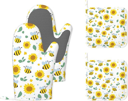 Cute Bee Sunflower Heat-Resistant Silicone Oven Mitts and Pot Holders 4 Piece by Unknown