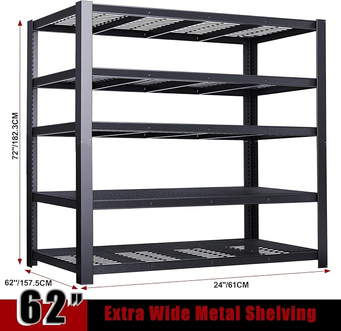 62" W 3050LBS Storage Shelves Unit, 5 Tier Heavy Duty Metal Shelving Unit and - Image 3