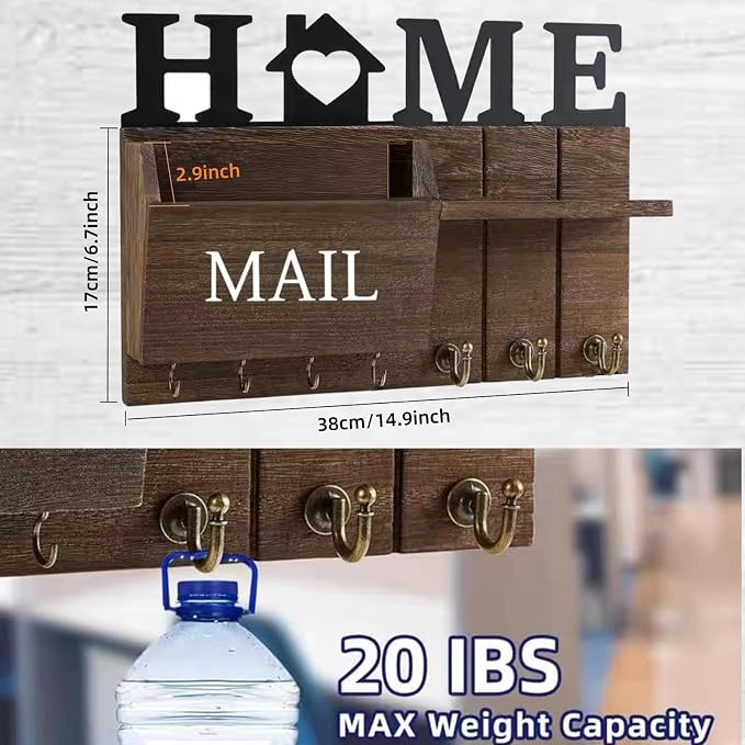Rustic Wall Key Holder with Shelf & Hooks - Image 3