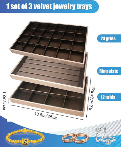 Rocutus Jewelry Trays, 3 Pack Stackable Velvet Jewelry Organizer Tray Drawer - Image 2