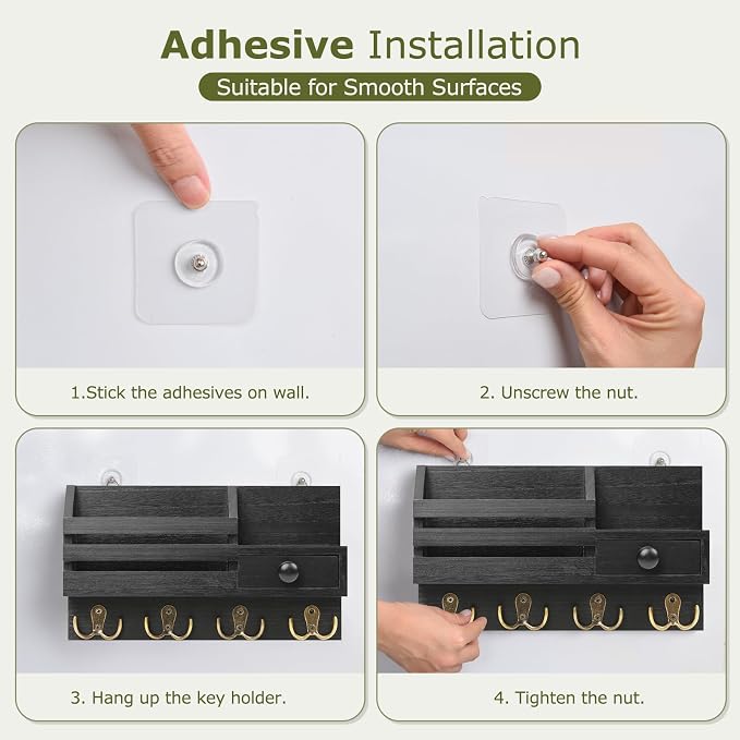 Key Holder Wall Mount, Wooden Adhesive Mail and Key Organizer - Image 7