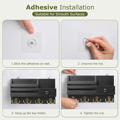 Key Holder Wall Mount, Wooden Adhesive Mail and Key Organizer - Image 7