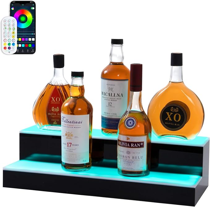 Led Lighted Liquor Bottle Display Shelf, 20 Inch 2 Tier Whiskey Rack, Support by LEEKIMID