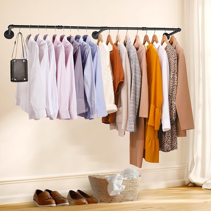 Industrial Pipe Clothing Rack, 66.1" Wall Mounted Clothes Rack Set of 2 - Image 5