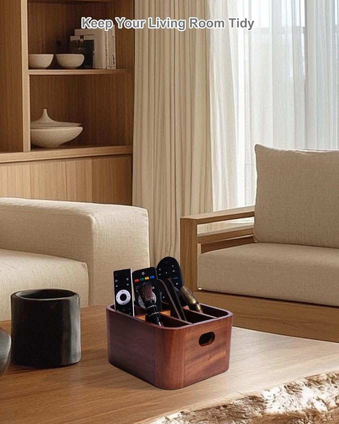 LYNG Acacia Wood Remote Control Holder Caddy, Solid Wood Organizer - Image 5
