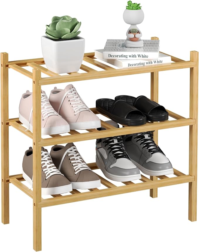 3-Tier Bamboo Small Shoe Rack, Free Standing Wood Shoe Shelf Storage Organizer by ROMGUAR+CRAFT