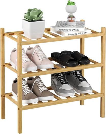 3-Tier Bamboo Small Shoe Rack, Free Standing Wood Shoe Shelf Storage Organizer by ROMGUAR+CRAFT