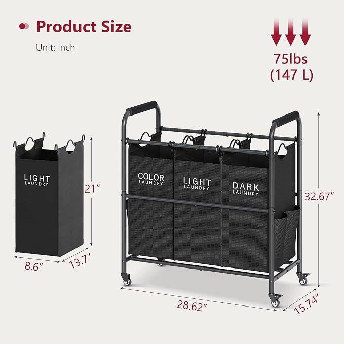 Tajsoon 3 Bag Laundry Sorter Cart, Laundry Hamper Sorter Basket - Image 7