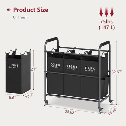 Tajsoon 3 Bag Laundry Sorter Cart, Laundry Hamper Sorter Basket - Image 7