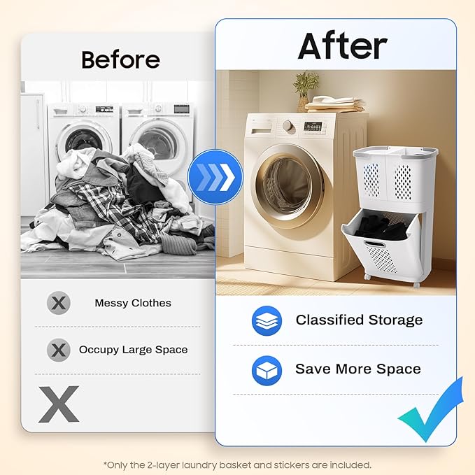 2 Tier Laundry Basket with Wheels & Handle - Image 9