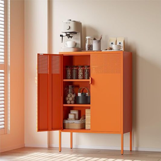 COFaR Orange Metal Storage Cabinet, 47”H Vibrant Coffee Bar & Buffet Sideboard by COFAR