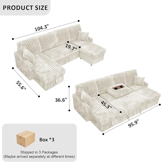 KCGKCG 104" U Shaped Sleeper Sofa Bed, Sectional Couches - Image 3