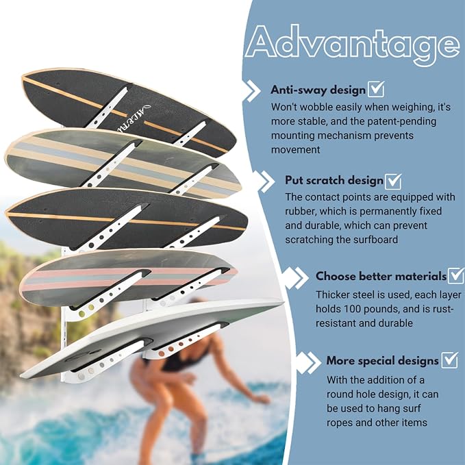 Snowboard Wall Mount, Adjustable 5/6 Board Surfboard Rack, Surfboard Wall - Image 5