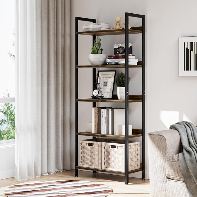 NUMENN Bookshelf, 5 Tier Freestanding Shelving Unit, Dark Walnut | Metal Frame - Image 5