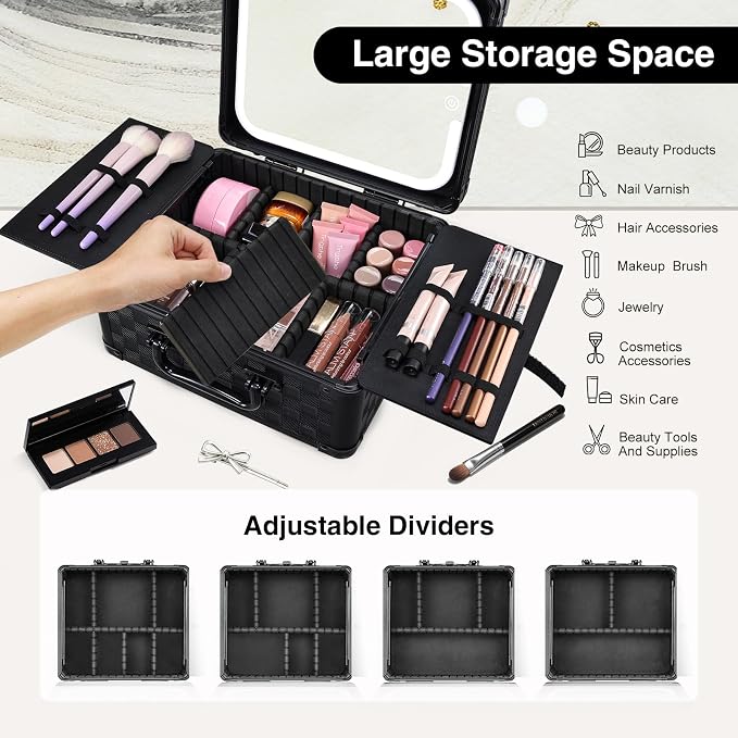 Makeup Case with Magnetic Lighted Mirror 10.15 IN Makeup Organizer Box Travel - Image 3
