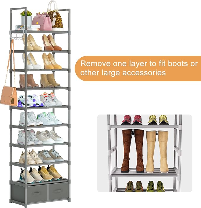 Shoe Rack Sturdy Metal 10 Tier Shoes Rack Organizer + 2Boxes 1Hook | Narrow - Image 7