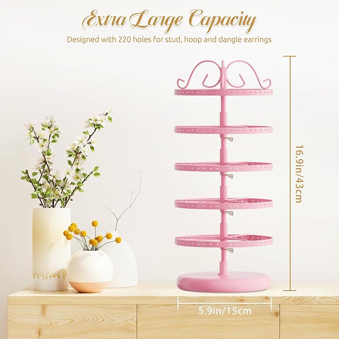 MODOWEY 5 Tiers Metal Rotating Earring Holder Organizer Stand Adjustable - Image 3