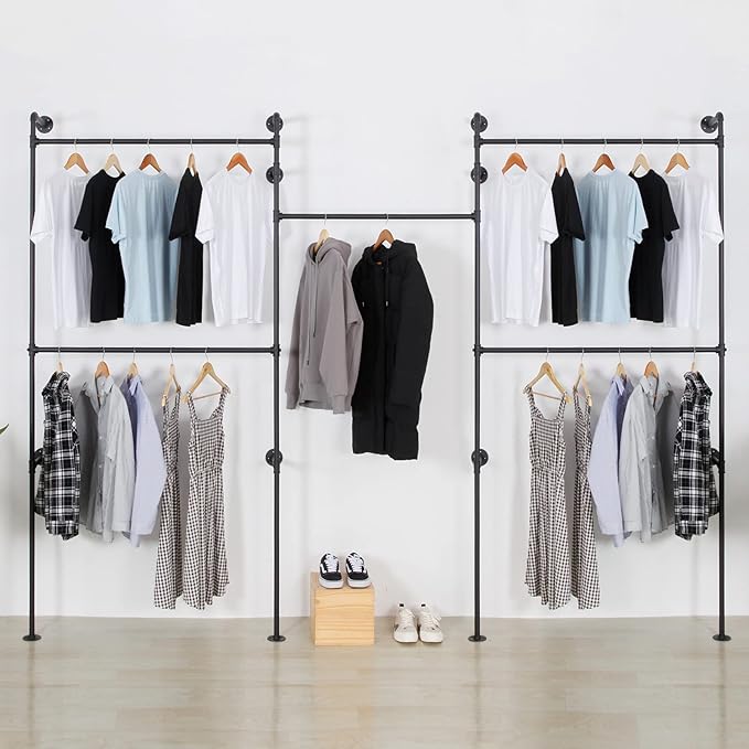 Industrial Pipe Clothes Rack, Heavy Duty Detachable Wall Mounted Black Iron by EDCB