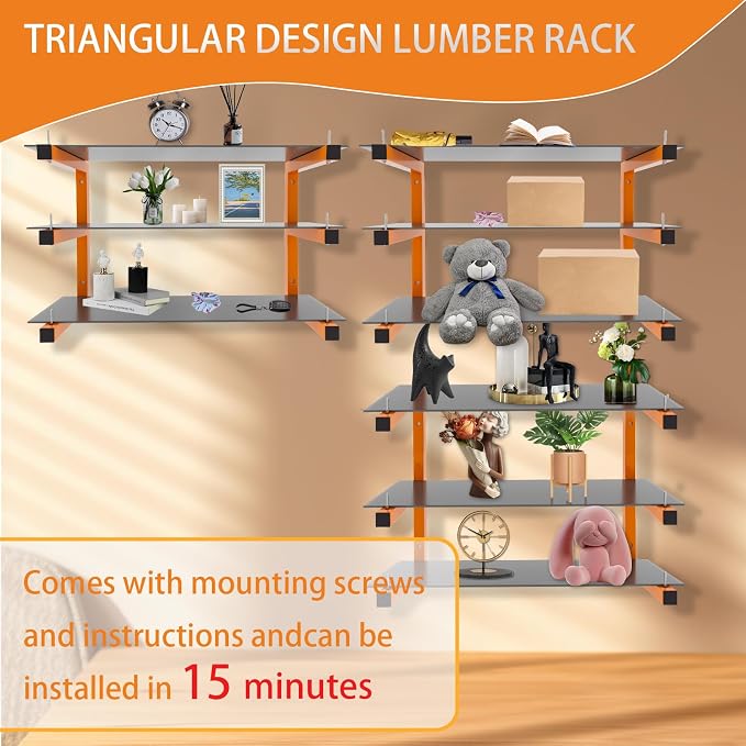 6 Pack Wall-Mounted Lumber Rack, Heavy Duty Wood Storage Racks, 9-Level System - Image 5