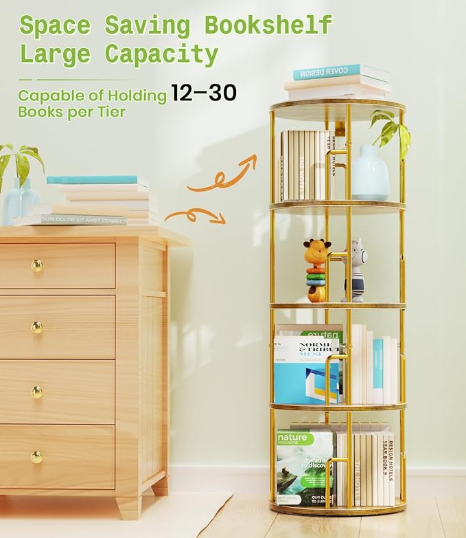 4 Tier Rotating Bookshelf Tower Round Gold, 50” Floor Standing Spinning - Image 8