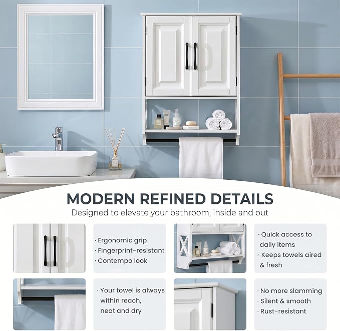Bathroom Wall Cabinet, Adjustable Shelf & Towel Bar–Over Toilet Storage - Image 4