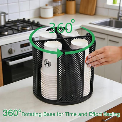 360° Rotating Coffee Cup & Lid Carousel, 8.7" H x 9.3" Dia 4-Compartment Metal - Image 3