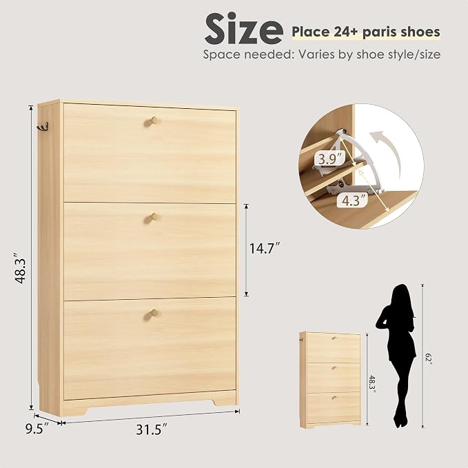 Nicetree Shoe Cabinet with 3 Flip Drawers, Entryway Storage, Natural Oak | - Image 2