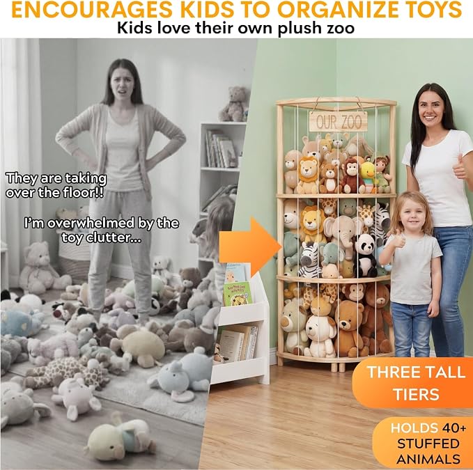 Corner Stuffed Animal Storage Tower, Large Wooden Plush Toy Storage Zoo - Image 7