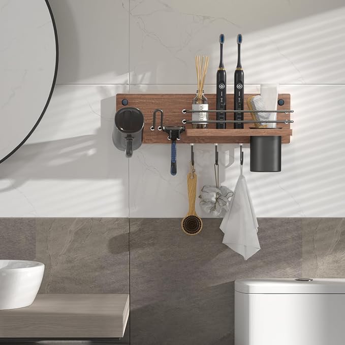 Wooden Hair Dryer Holder Wall Mounted, Bathroom Hair Tool Organizer, Blow Dryer - Image 6