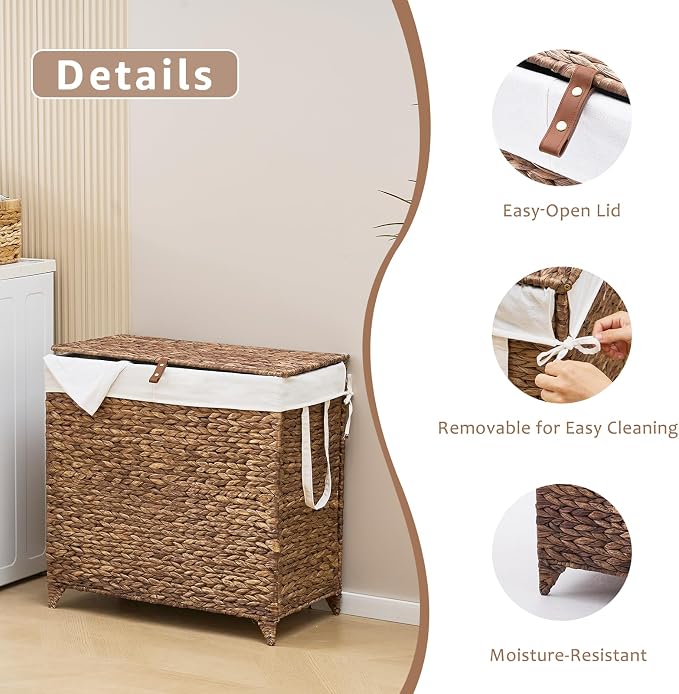 Laundry Hamper with Lid and Removable Liner Bag, Handwoven Natural Hyacinth - Image 7