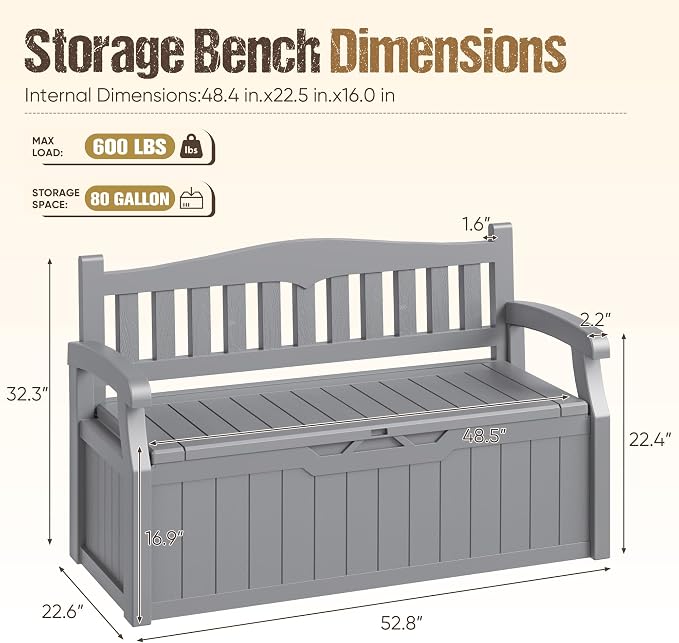 80-Gallon Outdoor Storage Bench, Waterproof Deck Box - Image 3