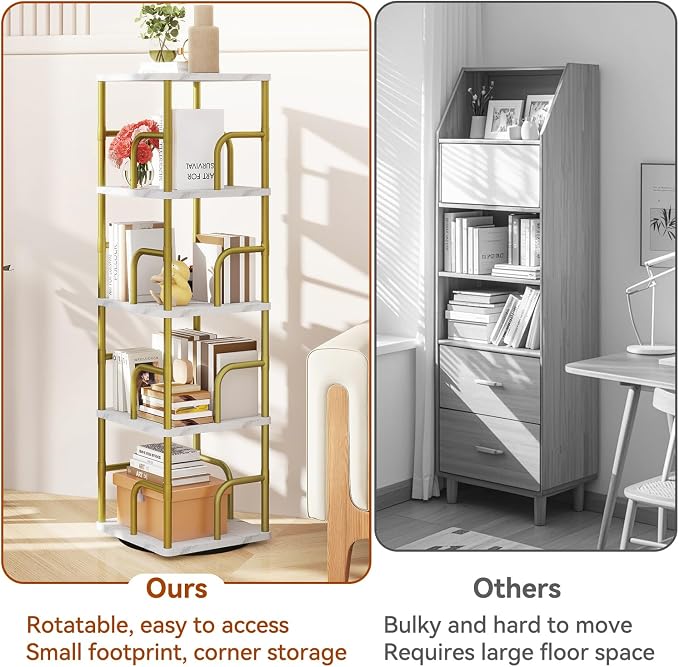 IBUYKE 5 Tier Rotating Bookshelf, Square Bookcases - Image 7