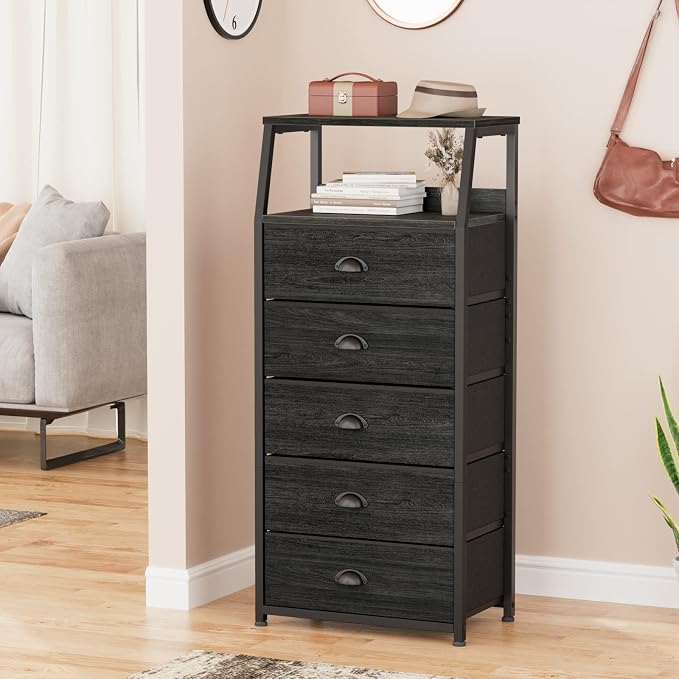 Furnulem Black Dresser for Bedroom, Fabric Dorm Tall Nightstand | 5 Drawers - Image 8