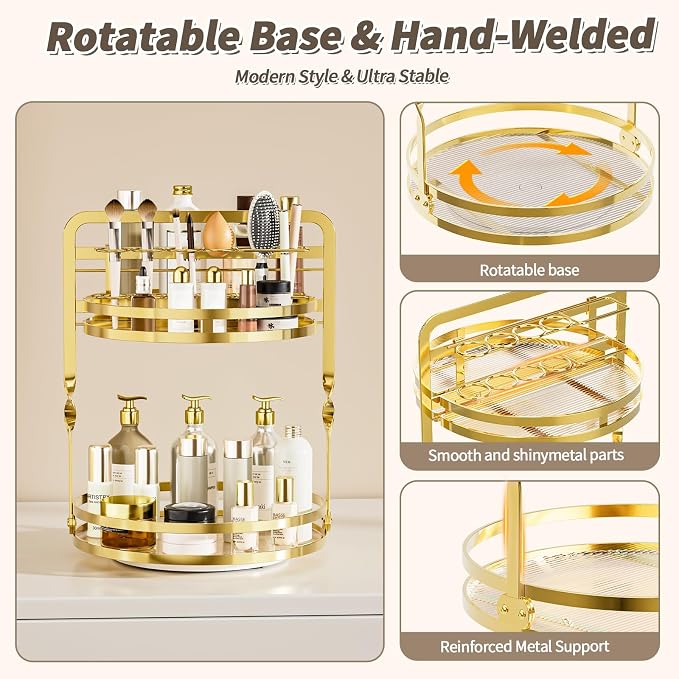 360° Rotating Makeup Organizer, 2-Tier Gold Perfume Organizer - Image 4
